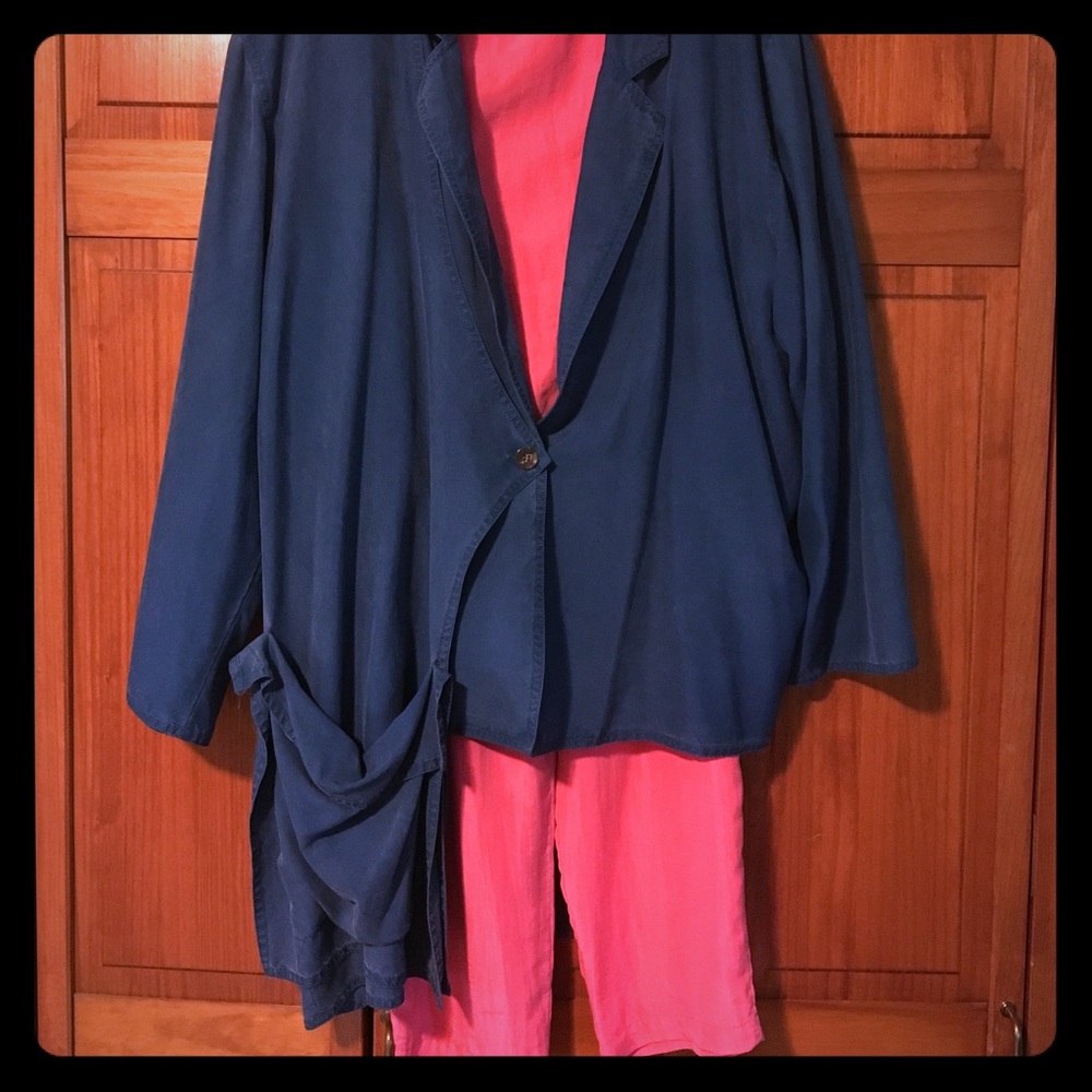 100% silk blouse, pants, and buttoned cardigan set